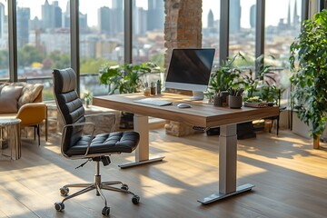 Fototapeta premium Modern Office Setup Electric Standing Desk, Ergonomic Chair, City View