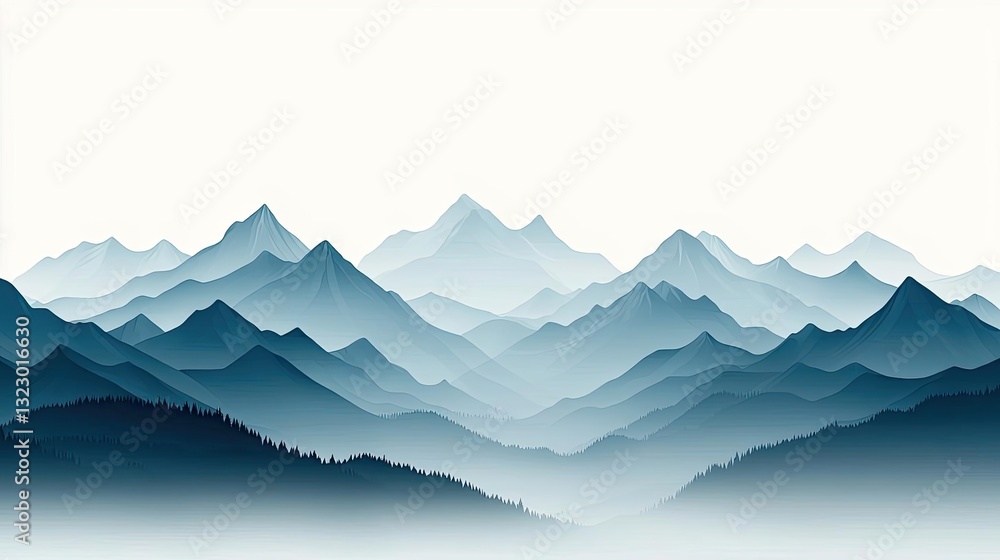 Poster ink illustration abstract background concept. a serene view of layered mountains with soft hues crea