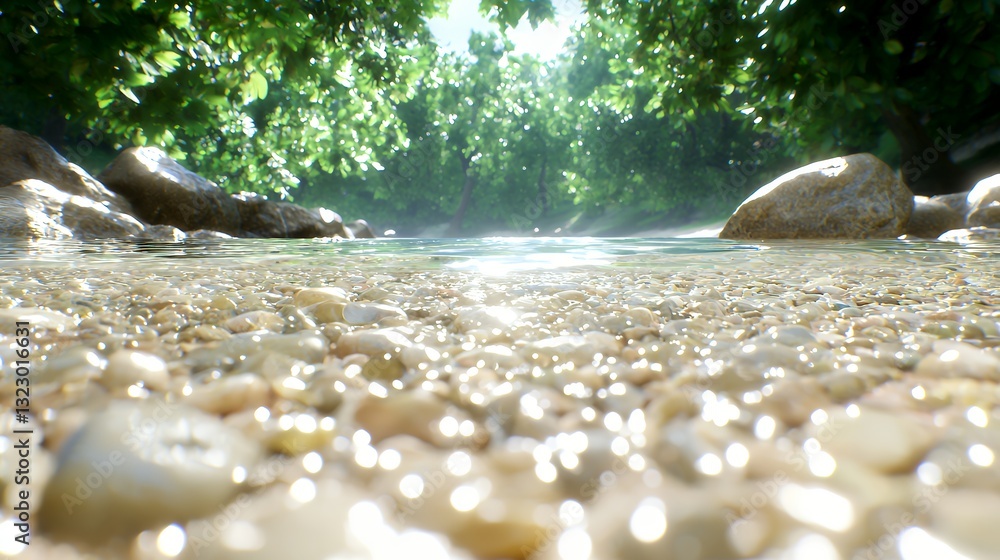 Poster flowing stream with smooth rocks and trees in a forest setting