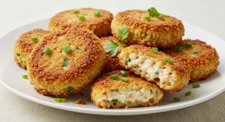 Fototapeta premium Golden Crispy Cakes: A culinary delight of golden-brown, perfectly cooked cakes arranged artfully on a pristine plate, inviting you to savor the satisfying crunch and taste.