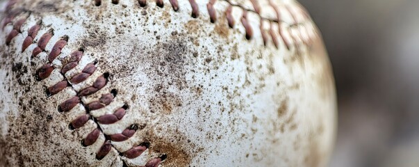 A close up view of a well used and dirty baseball