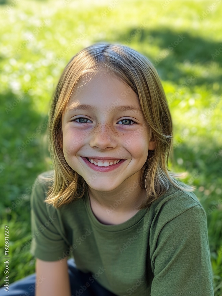 Poster smiling child enjoying a sunny day in the park surrounded by green grass and vibrant nature