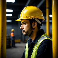 Fototapeta premium The image shows a worker with a yellow helmet facing sideways in a dimly lit environment, reflecting safety and industrial work atmosphere. No identifiable face visible.