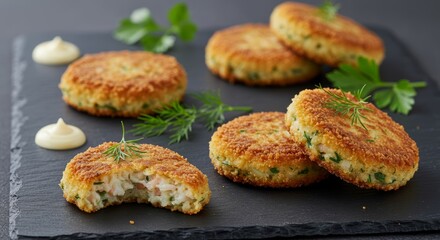 Fototapeta premium Delicious Crab Cakes: A mouthwatering display of golden-brown crab cakes artfully arranged on a slate plate, accompanied by dollops of creamy sauce and fresh herbs.