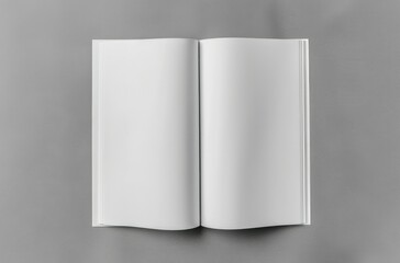 Open White Magazines on Gray Background, Top View, Minimalist Style.