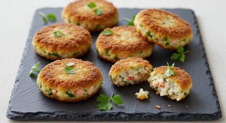 Savory Crab Cakes: A close-up shot of appetizing crab cakes, golden-brown and inviting, arranged on a dark slate. Perfect for culinary themes.