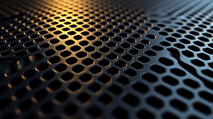 Luxury hexagonal abstract black metal background with golden light lines. Dark 3d geometric texture illustration. Bright grid pattern. Pure black horizontal banner wallpaper. Carbon elegant wedding