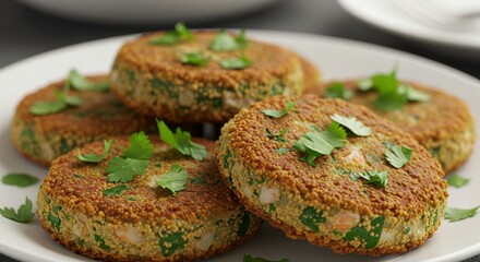 Fototapeta premium Savory Delights: A close-up shot of a plate showcasing a selection of delectable, golden-brown patties, each garnished with fresh herbs, offering a tempting view
