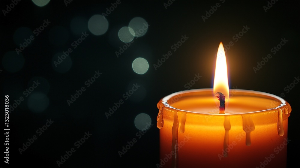 Poster a single burning candle with a soft golden glow, placed against a dark black background with subtle 