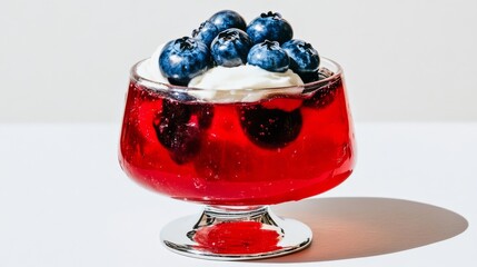 Jelly with blueberries and cream on top, decorative background.