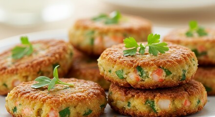 Golden Goodies: A close-up shot of appetizing, golden-brown patties, garnished with fresh herbs and elegantly presented on a pristine plate, captures the essence of culinary delight.