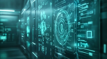 Futuristic Teal Tech Interface: Sci-Fi Digital Dashboard Display with Holographic HUD Elements and Data Visualizations