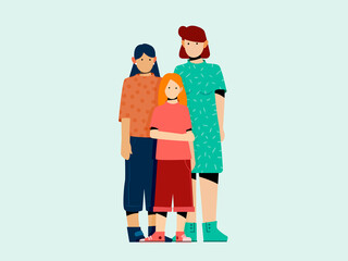 Illustration of family in colorful outfits in studio