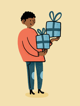 Cartoon man holding presents in studio