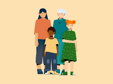 Cartoon family in colorful outfits in studio