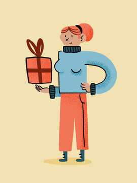 Cartoon woman holding presents in studio