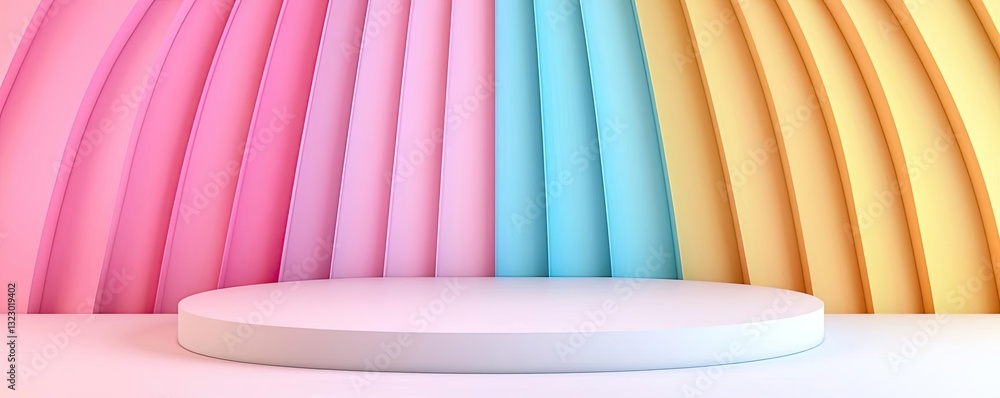 Poster vibrant color art abstract background idea. colorful background with curved lines and a white podium