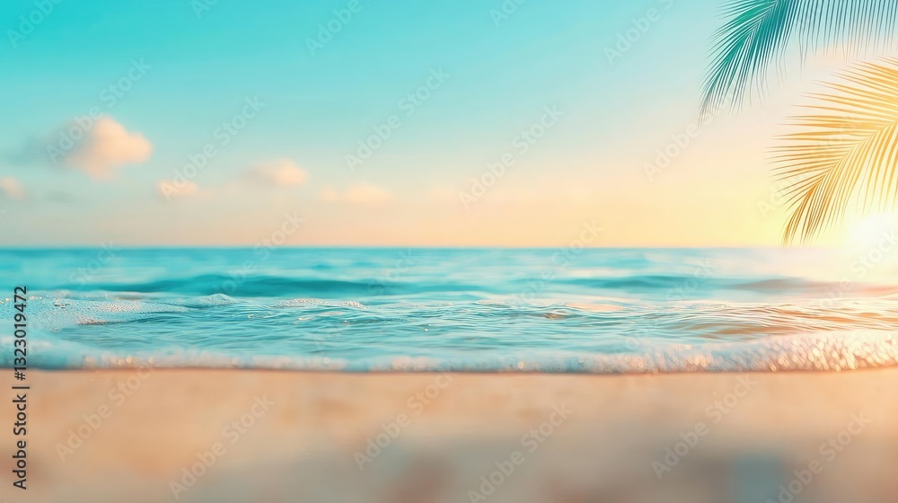 Poster waterscape abstract background concept. a serene beach view with gentle waves and palm trees under a