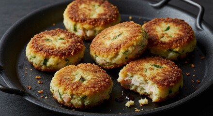 Golden-Brown Delights: Close-up of appetizing, golden-brown savory patties artfully arranged on a dark plate, capturing the textures and appealing details of a delightful meal.