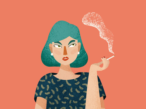 Cartoon young woman smoking cigarette