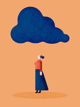 Woman under big floating cloud