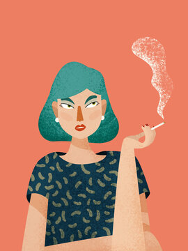 Flat style female smoking cigarette in studio