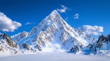 Stunning mountain range with snowcovered peaks under a bright blue sky creating a dramatic winter landscape