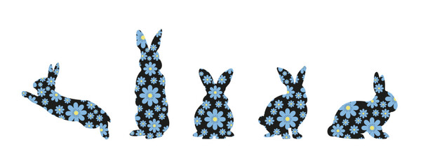 Patterned Easter Bunnies with Flowers. Folk Style Patterned Design. Rabbits with Flowers for Posters Banners Design, Sales, Cards, Invitations, Parties. Happy Easter Modern Vector Illustration.