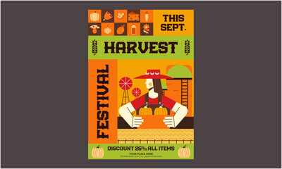 Fototapeta premium Harvest Festival Flyer. Autumn harvest festival postes with autumn leaves and floral elements in fall colors.Harvest fest design perfect for prints,flyers,banners,invitations,promotions and more.