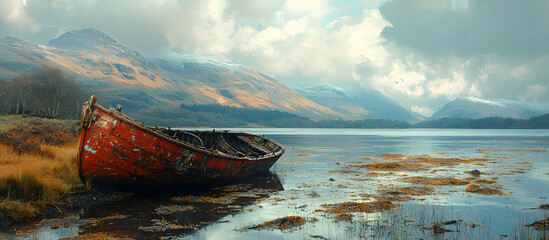 An old rusty boat or ship lies on the banks of the Srira River under the cool weather of the open sky.