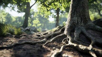 Fototapeta premium Forest tree roots, sunlight, path