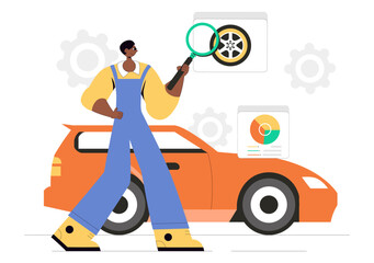 Car Customization and Modifications Vector Illustration featuring a Tuned Automobile with Upgraded Wheels, Nitrous Systems, and Body Kit Enhancements
