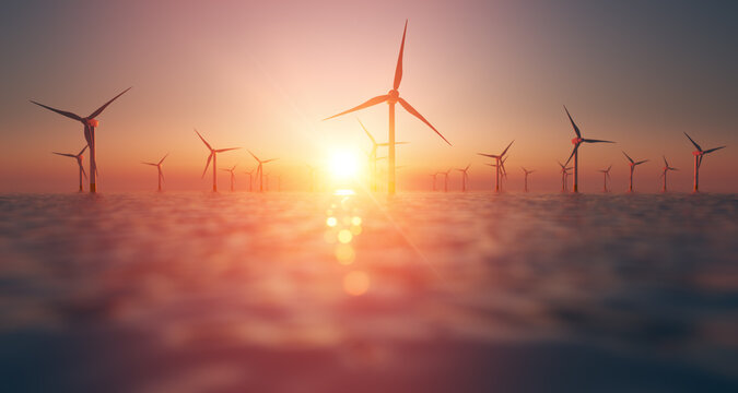 Wind turbine Park at sea in sunset high depth of field