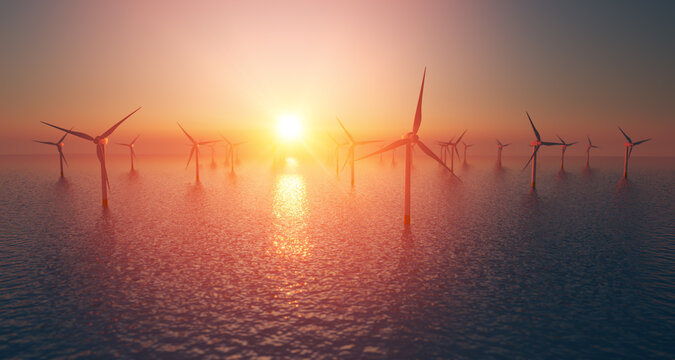 Wind turbine Park at sea in sunset high angle