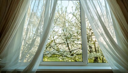 窓からの眺め、美しい桜が満開の春の諷詠