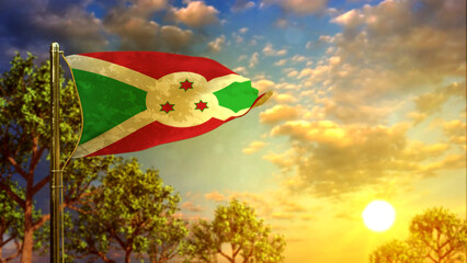 waving flag of Burundi at sundown for day of the flag - abstract 3D illustration