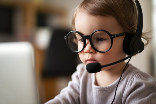 A toddler girl wearing oversized glasses and a headset, pretending to negotiate a business deal over a laptop