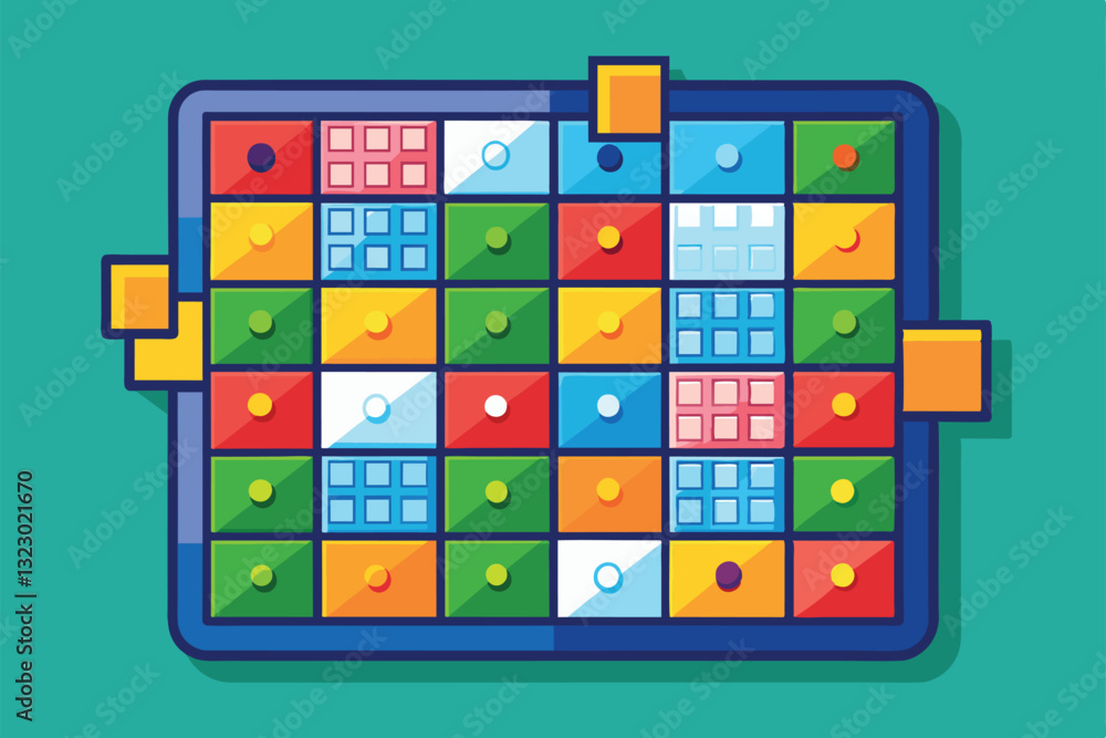 Poster a visually appealing sudoku board featuring colorful squares and playful designs for customizable pu