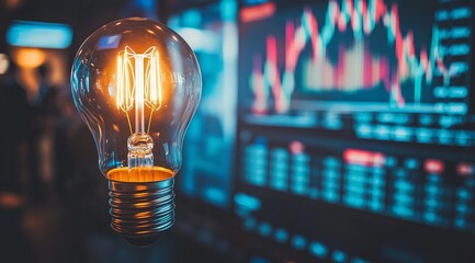Glowing light bulb with stock market chart in the background, symbolizing financial innovation, investment strategies, and economic growth.