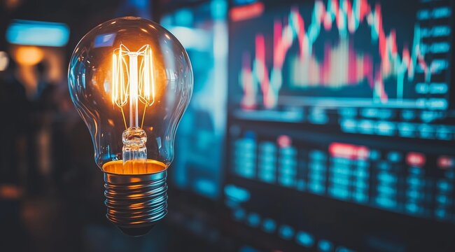 Glowing light bulb with stock market chart in the background, symbolizing financial innovation, investment strategies, and economic growth.