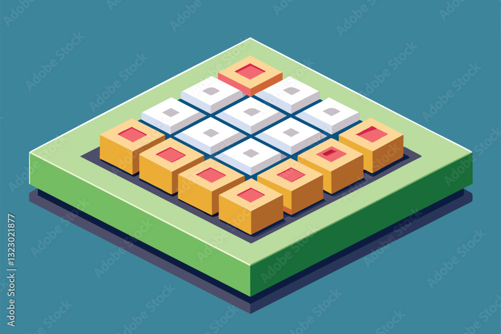 Poster a detailed isometric illustration of a customizable sudoku puzzle featuring colorful tiles on a base