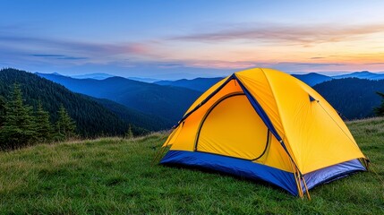 A cozy tent pitched on a lush grassy hilltop overlooking the scenic landscape and bright blue sky