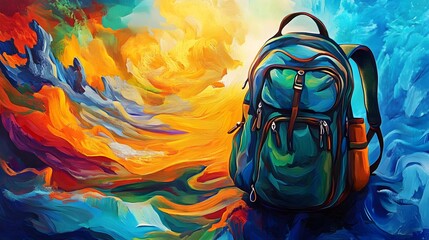 Surreal Backpack Adventure in Vibrant Expressionistic Landscape