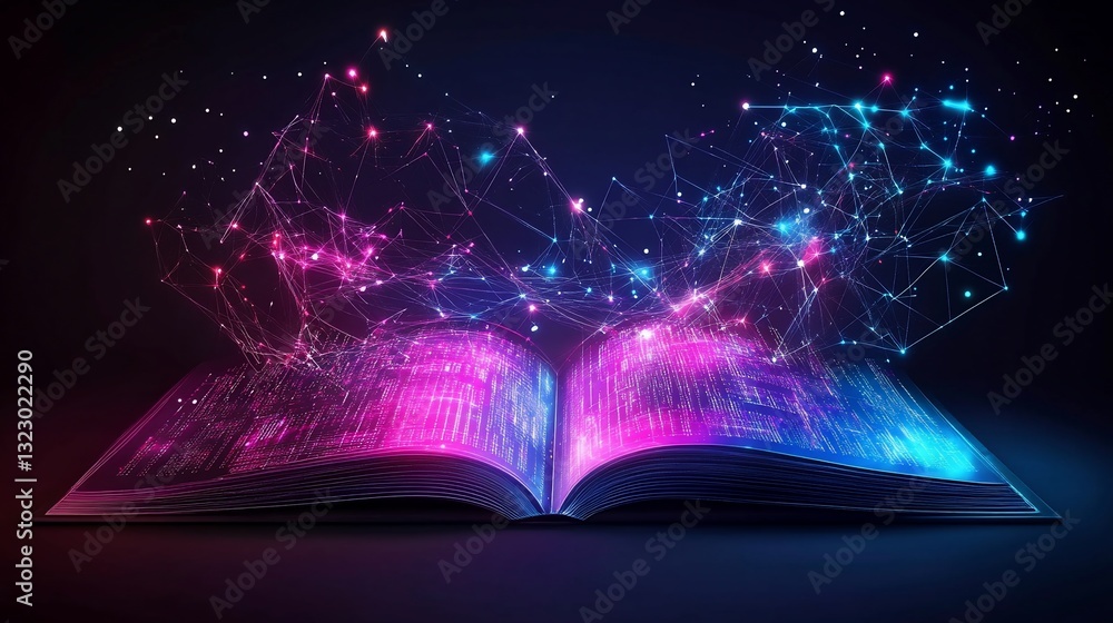 Aufkleber an open book with glowing lines and points creating a network on dark background