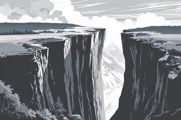 Grayscale Vector Illustration of a Dangerous Cliff Adventure Theme Outline