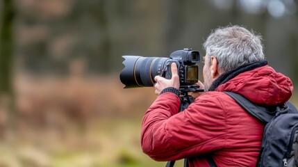 Enthusiastic man capturing photograph of lush green forest amidst breathtaking natural scenery on a sunny day