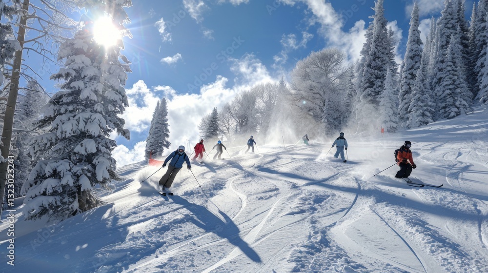 Poster groups of skiers glide down snowy slopes under a clear sky, surrounded by tall pine trees and bright