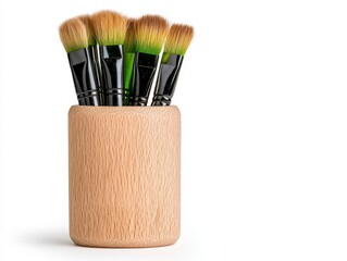 Stylish brush holder made of wood isolated on a pure white background perfect for organizing and displaying brushes