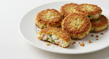 Golden Seafood Patties on a Plate: A top-down shot of succulent golden-brown seafood patties artfully arranged on a pristine plate, enticing the viewer with a promise of a delicious meal.