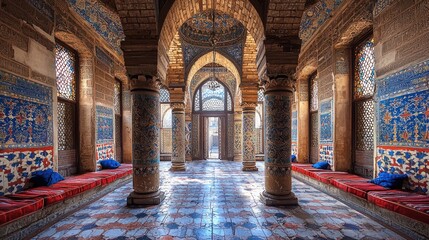 Obraz premium Ornate interior hall with tiled walls, columns, and cushioned seating.